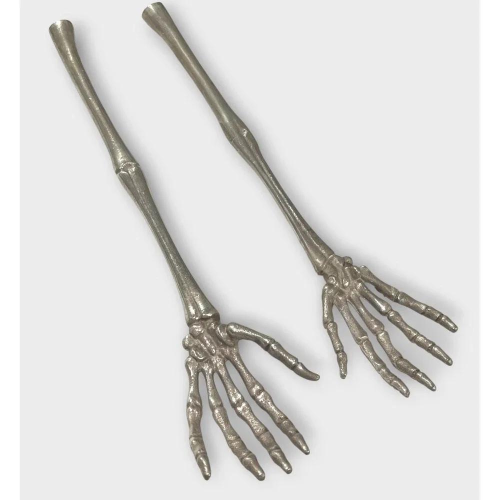 Vtg Skeleton Hand Salad Servers Cast Metal Gothic Halloween Oddity Flatware Pair